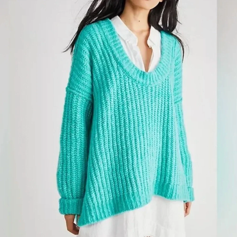 Free People Blue Bell Chunky Oversized Sweater Teal